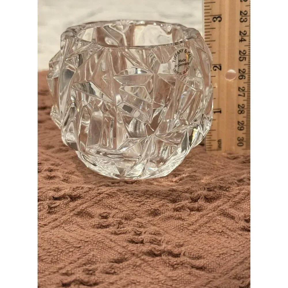 Tiffany & Co Rock Cut Crystal Votive Candle Holder Germany 3” Clear Glass